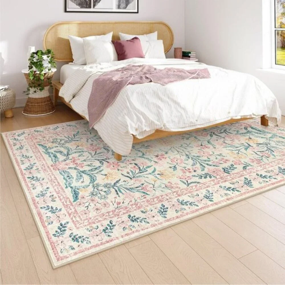 New 5x7 Pink Nursery Area Rug, Washable Non-Slip Floral Carpet for Girls Room